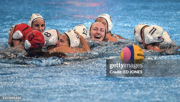 S players celebrate winning the women's final match between USA and Spain of the water polo event at the 2019 World Championships at Nambu University...