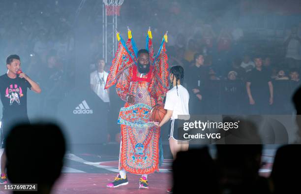 James Harden of the Houston Rockets meets fans at Beijing University of Technology on June 22, 2019 in Beijing, China.