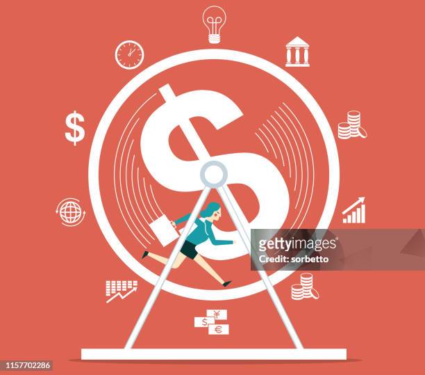 businesswoman in hamster wheel - busy life stock illustrations