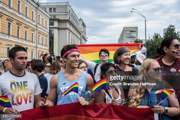 People participate in the Kyiv Pride march, estimated to be the city's largest ever, on June 23, 2019 in Kiev, Ukraine. The parade has been marked by...