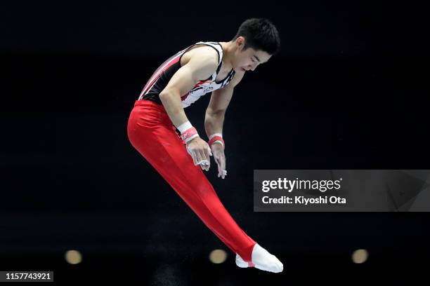 Kenzo Shirai competes in the Men's Horizontal Bar final on day two of the 73rd All Japan Artistic Gymnastics Apparatus Championships at Takasaki...