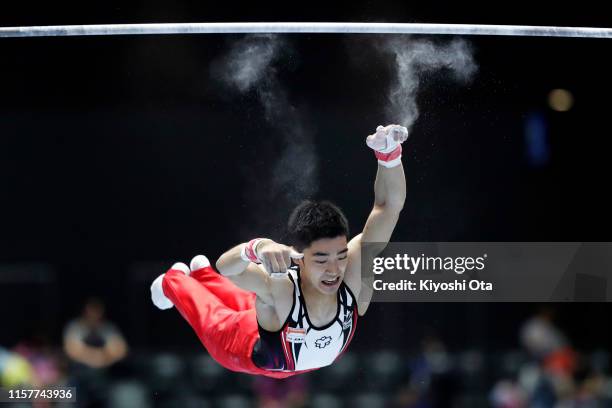 Kenzo Shirai fails to catch a bar while competing in the Men's Horizontal Bar final on day two of the 73rd All Japan Artistic Gymnastics Apparatus...