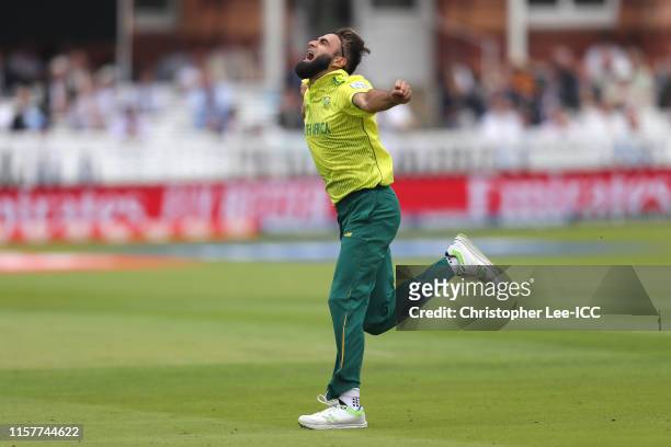 Imran Tahir of South Africa celebrates taking the wicket of Imam-ul-Haq of Pakistan during the Group Stage match of the ICC Cricket World Cup 2019...