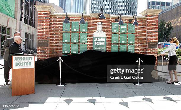 Tim Murphy Eddie Doyle and Stacey Lucchino attend the unveiling for the ABSOLUT Boston Flavor at Boylston Plaza - Prudential Center on August 26,...