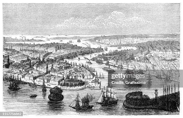 new york aerial view illustration 1887 - queens new york city stock illustrations