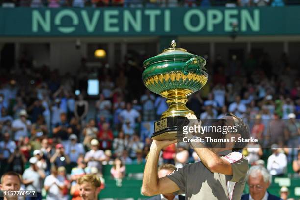 Roger Federer of Switzerland after winning the final match against David Goffin of Belgium during day 7 of the Noventi Open at Gerry Weber Stadium on...