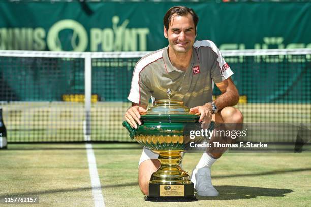 Roger Federer of Switzerland after winning the final match against David Goffin of Belgium during day 7 of the Noventi Open at Gerry Weber Stadium on...