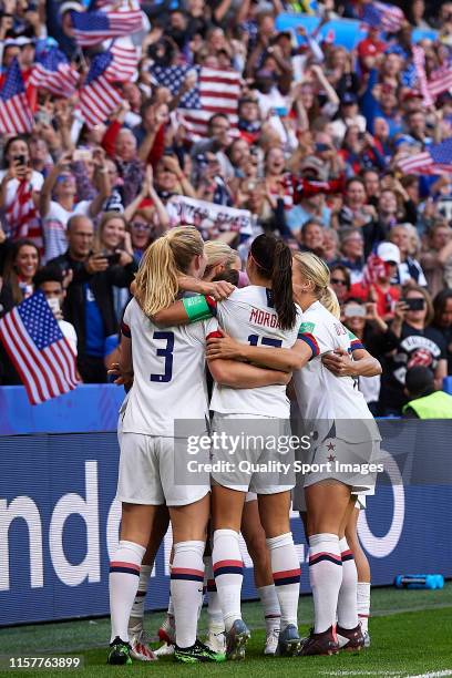 Lindsey Horan of USA celebrates after scoring her team's first goal with her teammates the 2019 FIFA Women's World Cup France group F match between...