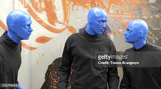 The Blue Man Group theatrical troupe during the launch of the new Swatch Jelly in Jelly watch range in association with the Blue Man Group, June 1...