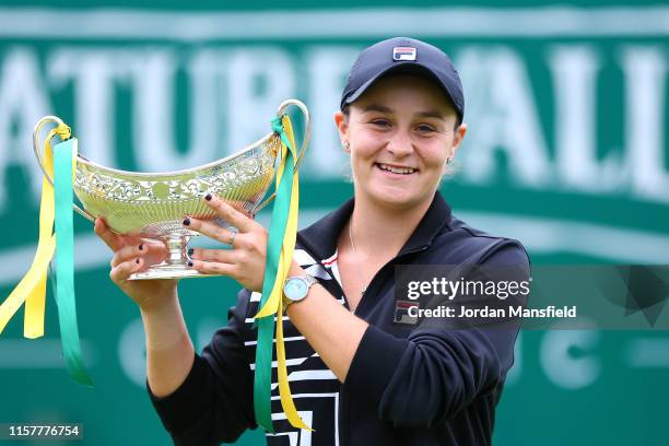 Ashleigh Barty of Australia celebrates victory in her final match against Julia Goerges of Germany on day seven of the Nature Valley Classic at...
