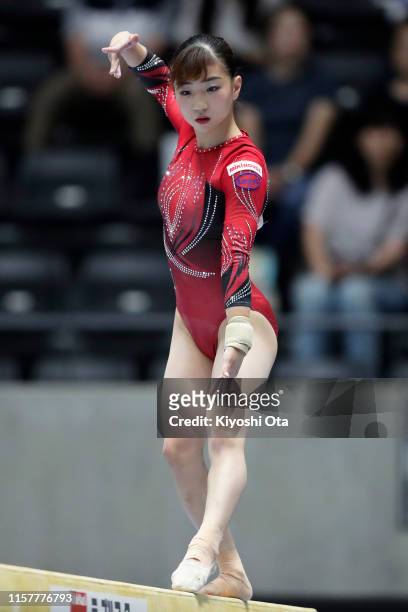 Asuka Teramoto competes in the Women's Balance Beam final on day two of the 73rd All Japan Artistic Gymnastics Apparatus Championships at Takasaki...