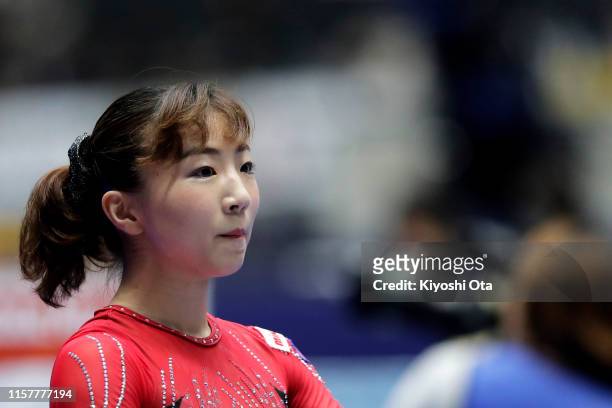 Asuka Teramoto reacts after competing in the Women's Uneven Bars final on day two of the 73rd All Japan Artistic Gymnastics Apparatus Championships...