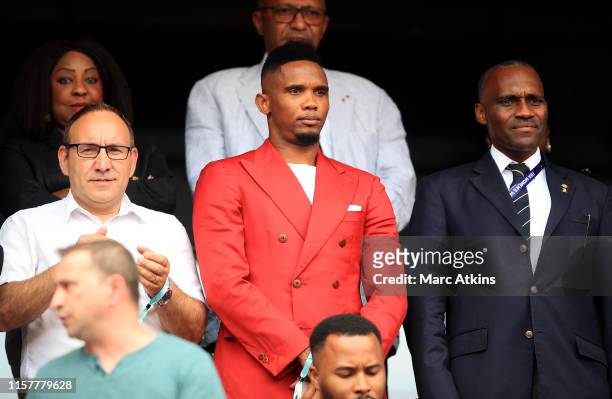 Former Cameroon international Samuel Eto'o looks on prior to the 2019 FIFA Women's World Cup France Round Of 16 match between England and Cameroon at...