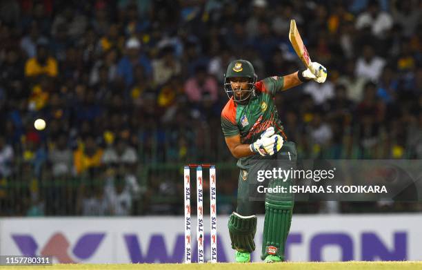 Bangladeshi cricketer Sabbir Rahman plays a shot during the first One Day International cricket match between Sri Lanka and Bangladesh at the...
