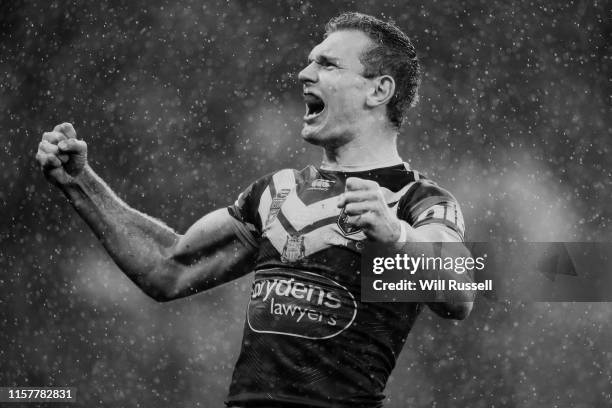 Tom Trbojevic of the Blues celebrates a try during game two of the 2019 State of Origin series between the New South Wales Blues and the Queensland...