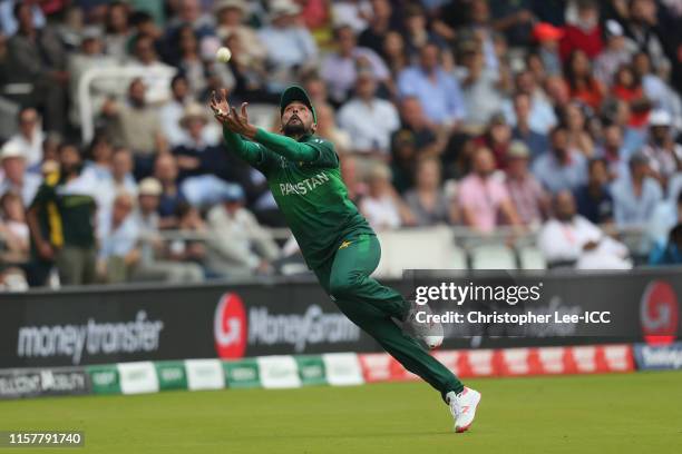 Mohammad Amir of Pakistan nearly catches out Faf du Plessis of South Africa during the Group Stage match of the ICC Cricket World Cup 2019 between...