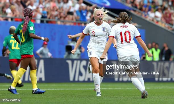 Alex Greenwood of England celebrates with teammate Fran Kirby after scoring her team's third goal during the 2019 FIFA Women's World Cup France Round...