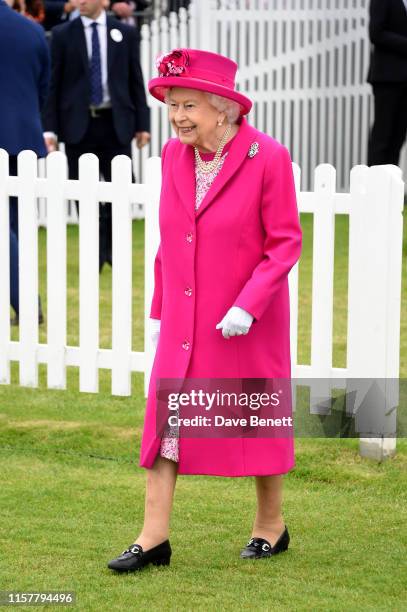 Queen Elizabeth II attends the OUTSOURCING Inc. Royal Windsor Cup Final on June 23, 2019 in Windsor, England.