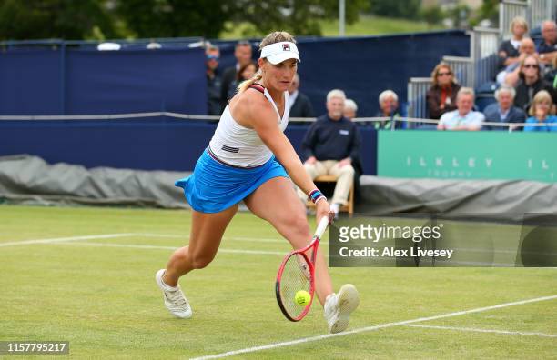 Timea Babos of Hungary in action during her defeat by Monica Niculescu of Romania in the Women's Final at Ilkley Lawn Tennis & Squash Club on June...