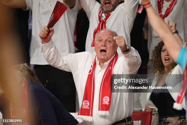 Uli Hoeness, President of FC Bayern Muenchen reacts during the game three of the easycredit Basketball-Bundesliga finals between FC Bayern Basketball...