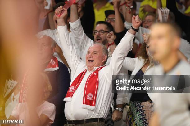 Uli Hoeness, President of FC Bayern Muenchen reacts during the game three of the easycredit Basketball-Bundesliga finals between FC Bayern Basketball...