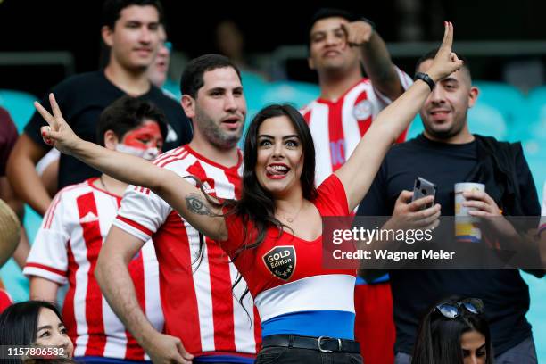 Larissa Riquelme Paraguayan model and actress smiles prior to the Copa America Brazil 2019 group B match between Colombia and Paraguay at Arena Fonte...