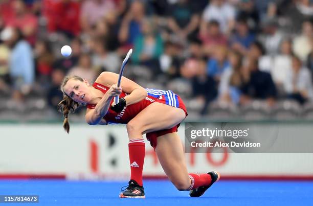 Giselle Ansley of Great Britain lofts the ball during the Women's FIH Field Hockey Pro League match between Great Britain and New Zealand at...