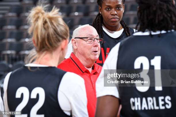 Head coach Mike Thibault of Team Delle Donne speaks with team during the AT&T WNBA All-Star Practice and Media Availability 2019 on July 26, 2019 at...