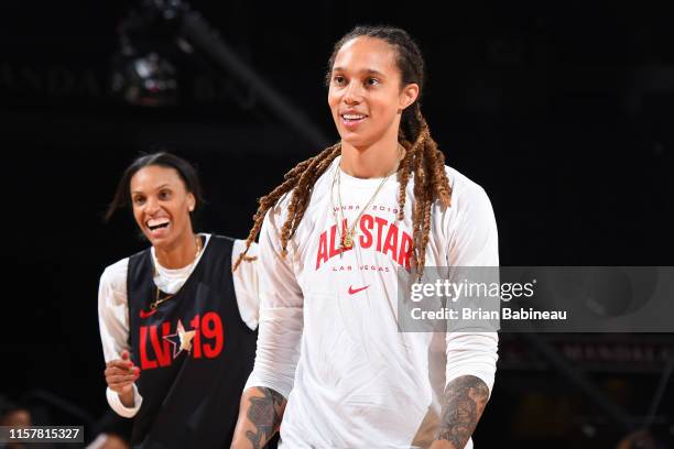 Dewanna Bonner and Brittney Griner of Team Delle Donne look on during the AT&T WNBA All-Star Practice and Media Availability 2019 on July 26, 2019 at...
