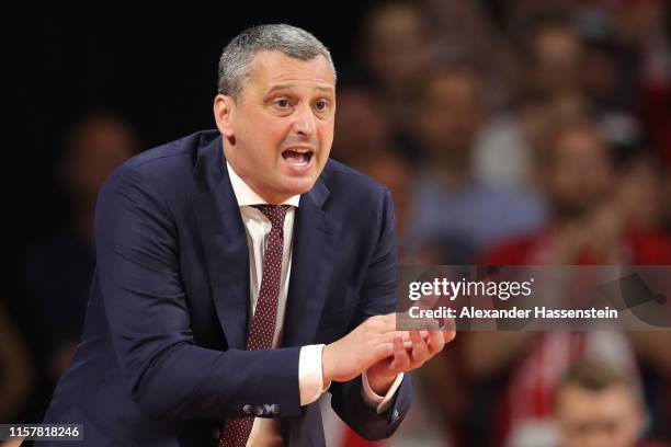 Dejan Radonjic, head coach of Muenchen reacts during game three of the easycredit Basketball-Bundesliga finals between FC Bayern Basketball and Alba...