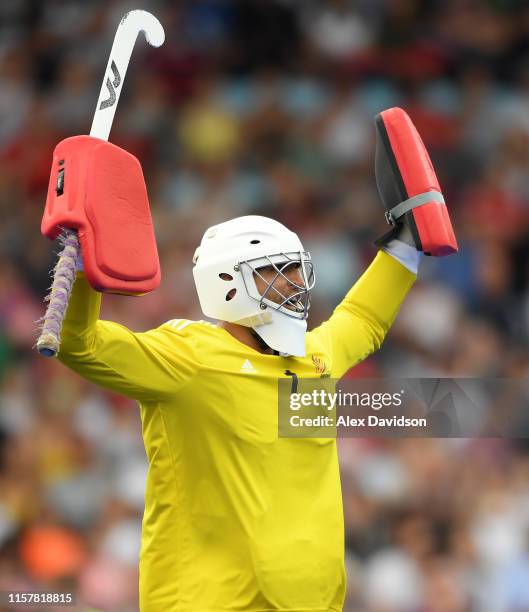 George Pinner of Great Britain celebrates victory during the Men's FIH Field Hockey Pro League match between Great Britain and New Zealand at...