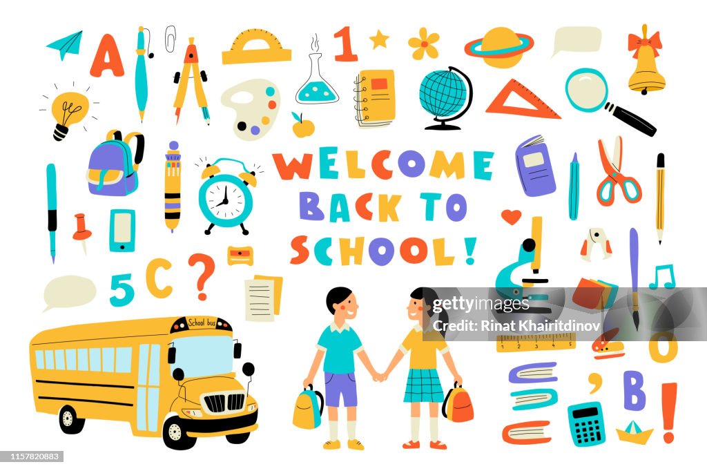 Welcome back to school, cute doodle colorful set with lettering. Hand drawn vector illustration, isolated on white.