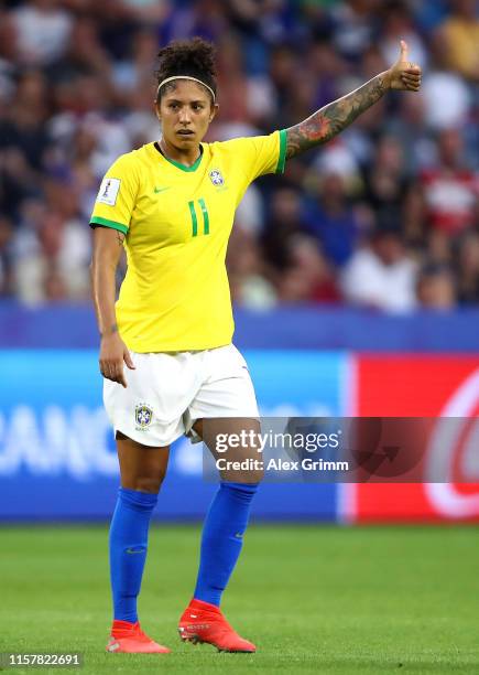 Cristiane of Brazil signals during the 2019 FIFA Women's World Cup France Round Of 16 match between France and Brazil at Stade Oceane on June 23,...