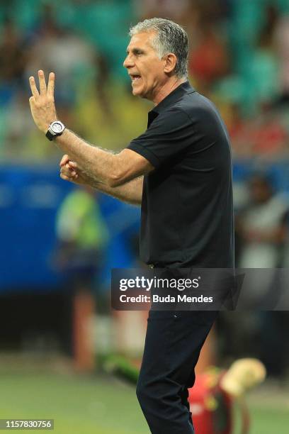 Carlos Queiroz coach of Colombia gestures during the Copa America Brazil 2019 group B match between Colombia and Paraguay at Arena Fonte Nova on June...