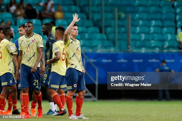 James Rodriguez of Colombia celebrates after winning the Copa America Brazil 2019 group B match between Colombia and Paraguay at Arena Fonte Nova on...