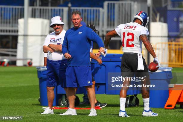 New York Giants general manager Dave Gettleman talks with New York Giants head coach Pat Shurmur during training camp on July 26 2019 at Quest...