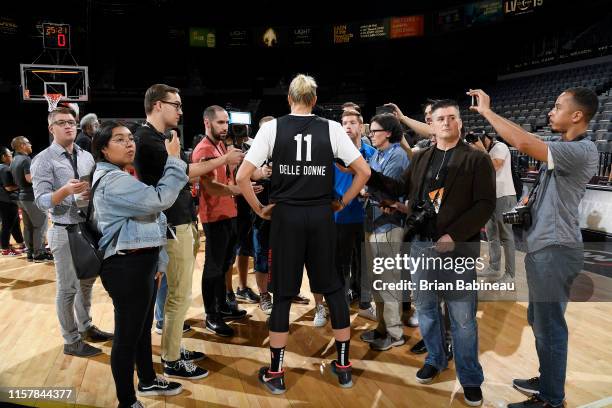 Elena Delle Donne of Team Delle Donne looks on during the AT&T WNBA All-Star Practice and Media Availability 2019 on July 26, 2019 at the Mandalay...