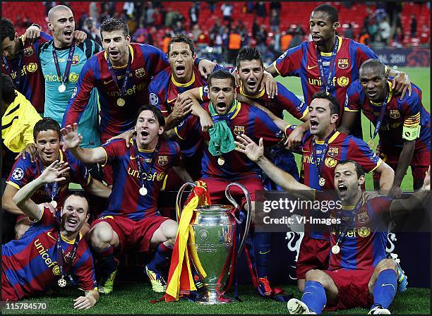 Ibrahim Affelay,Andre Iniesta,Victor Valdes,Pique,Daniel Alves,David Villa,Xzvi Hernadez,Eric Abidal after the UEFA Champions League final between FC...