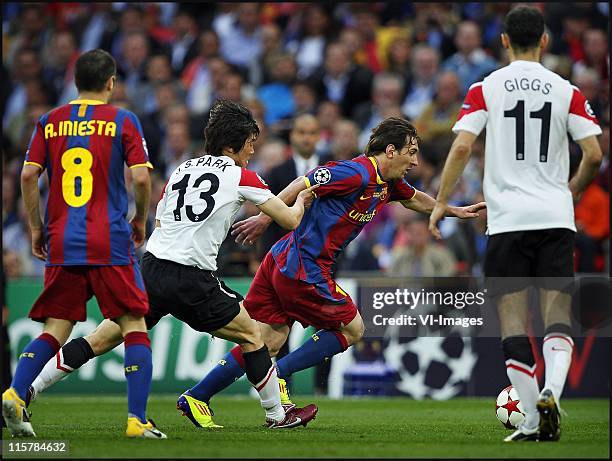 ; Andres Iniesta,Ji-Sung Park,Lionel Messi,Ryan Giggs during the UEFA Champions League final between FC Barcelona and Manchester United FC at Wembley...