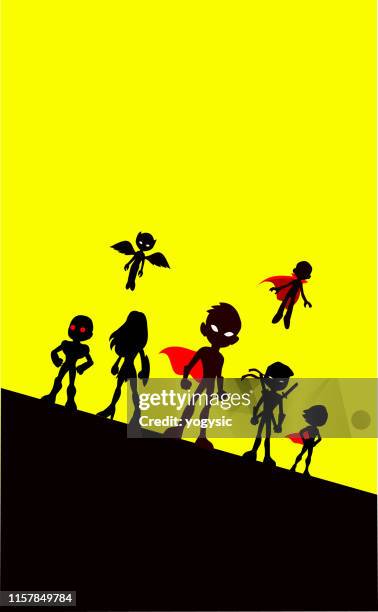 vector kinder superhelden team silhouette - children role playing crime stock-grafiken, -clipart, -cartoons und -symbole