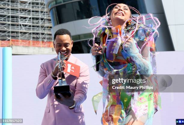 Terrence J and Sho Madjozi with the Best New International Act award onstage during the Pre Show at the 2019 BET Awards at Microsoft Theater on June...