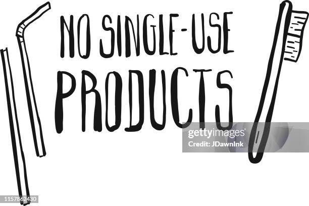 hand drawn no single-use products environmental conservation text design - plastic straw stock illustrations