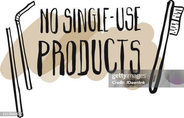 hand drawn no single-use products environmental conservation text design - plastic straw stock illustrations