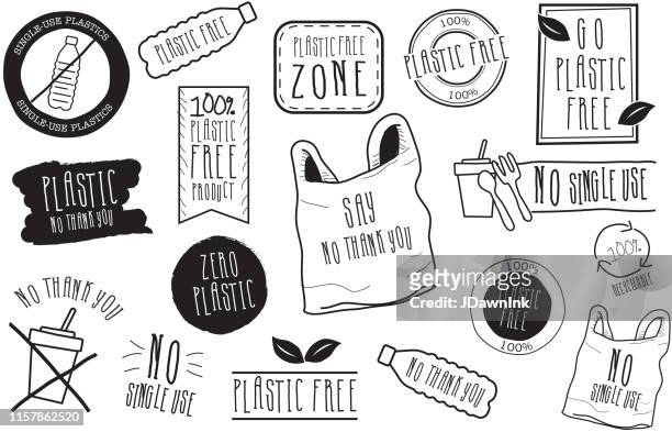 set of hand drawn no plastic label designs in black and white - plastic free stock illustrations