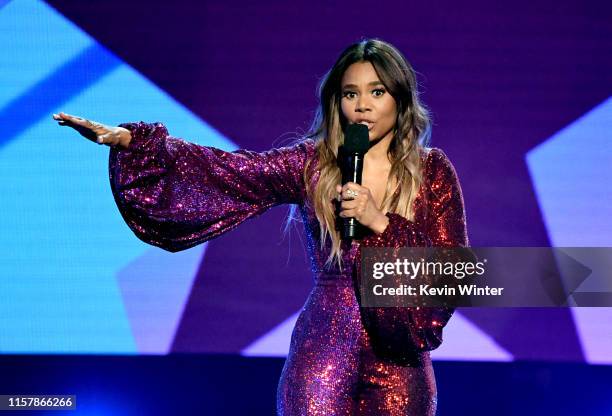 Host Regina Hall speaks onstage at the 2019 BET Awards on June 23, 2019 in Los Angeles, California.