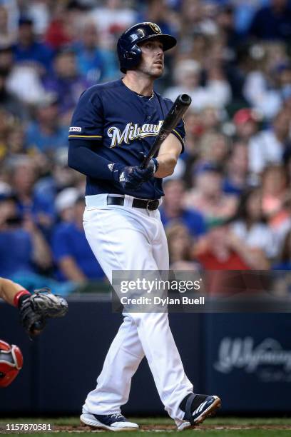 Travis Shaw of the Milwaukee Brewers hits a home run in the third inning against the Cincinnati Reds at Miller Park on June 23, 2019 in Milwaukee,...