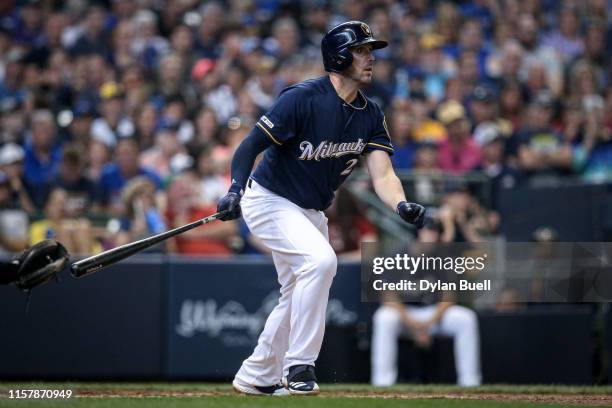 Travis Shaw of the Milwaukee Brewers pops out in the fifth inning against the Cincinnati Reds at Miller Park on June 23, 2019 in Milwaukee, Wisconsin.