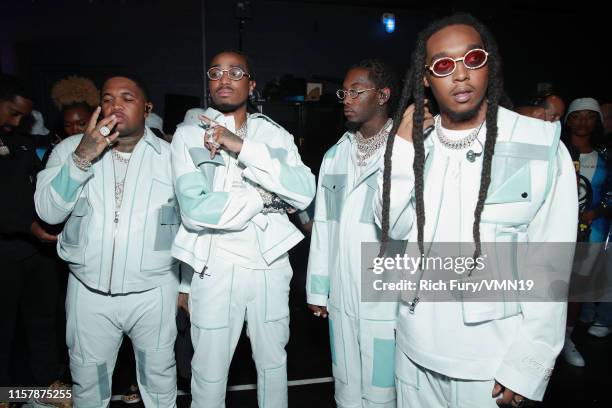 Mustard and Quavo, Offset and Takeoff of Migos are seen backstage at the 2019 BET Awards at Microsoft Theater on June 23, 2019 in Los Angeles,...