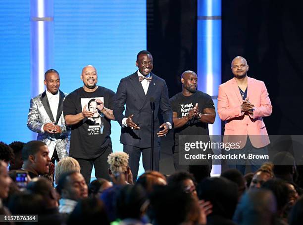 Korey Wise, Raymond Santana Jr., Yusef Salaam, Antron McCray, and Kevin Richardson aka the 'Central Park Five,' speak onstage at the 2019 BET Awards...