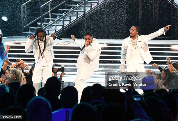 Takeoff of Migos, Mustard, and Quavo of Migos perform onstage at the 2019 BET Awards on June 23, 2019 in Los Angeles, California.
